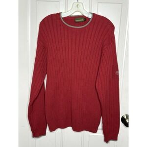 Timberland Mens M Red Chunky Knit Sweater Gray Logo Pullover Outdoors Gorpcore